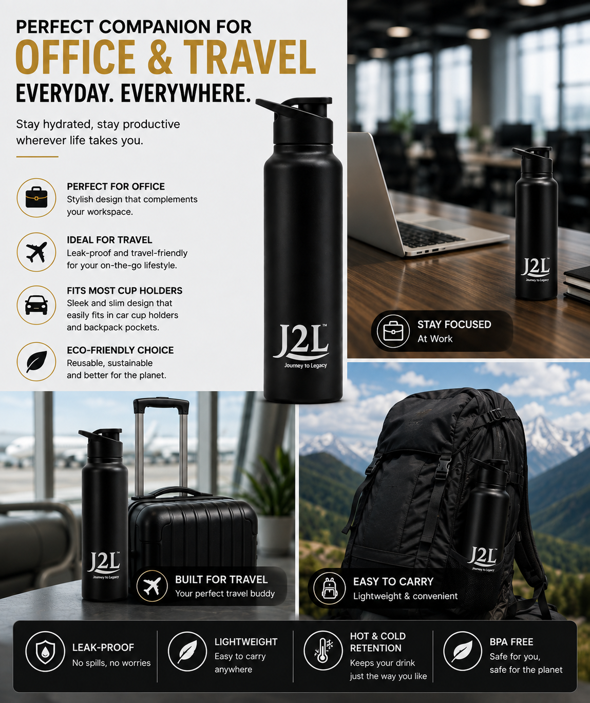 J2L Steel Water Bottle 1 Ltr 